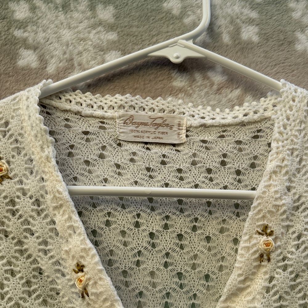 Beige Lace-Pattern V-Neck Sweater with Floral Accent